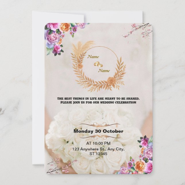 Invitación de boda floral romántica dorada (Anverso)