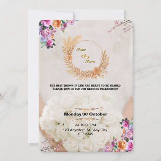 Invitación de boda floral romántica dorada