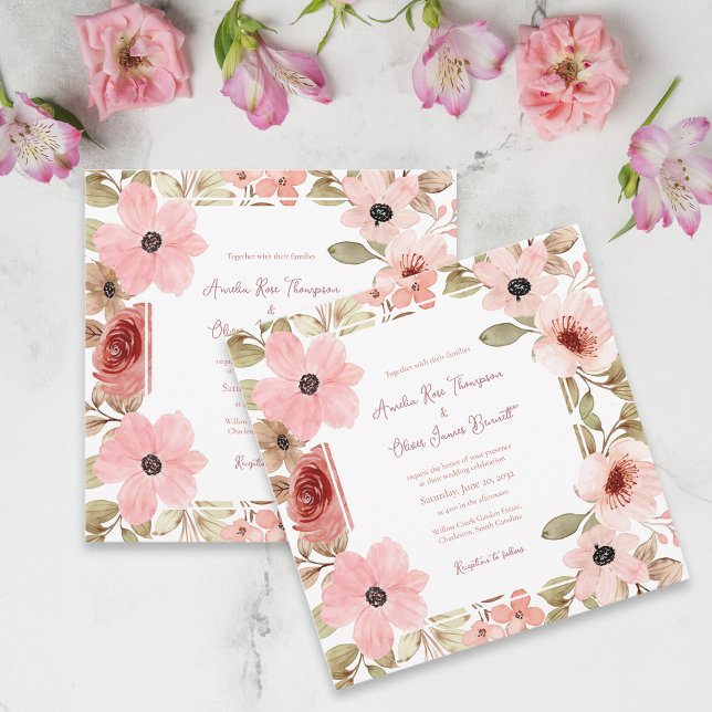 Invitación de boda floral romántica rosa rubor (Blush Pink Romantic Floral Wedding Invitation)