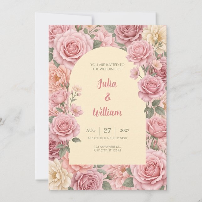 Invitación de boda floral romántica rosa rubor (Anverso)