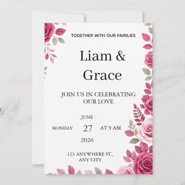 Invitación de boda floral rosa (Anverso)