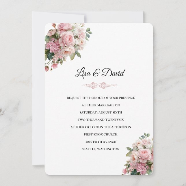 Invitación de boda floral rosa (Anverso)