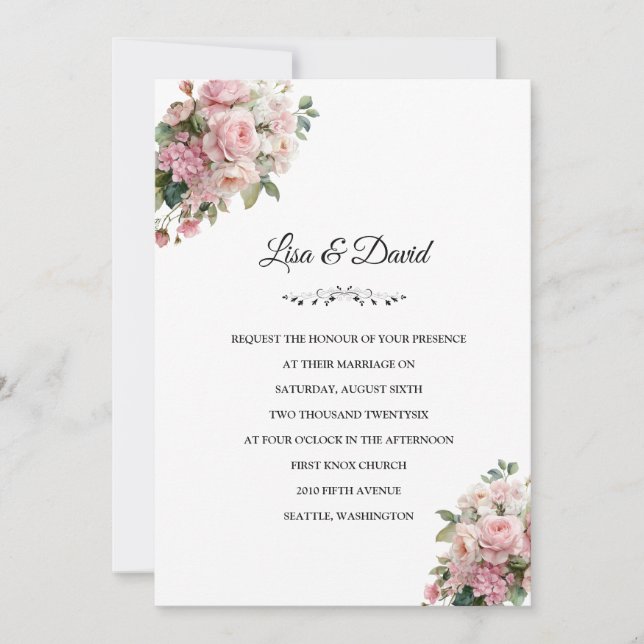 Invitación de boda floral rosa (Anverso)