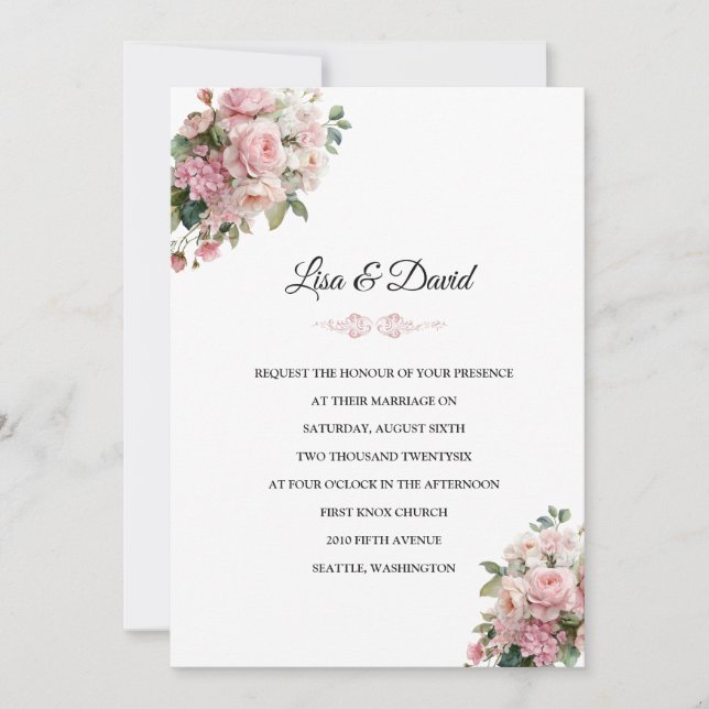 Invitación de boda floral rosa (Anverso)
