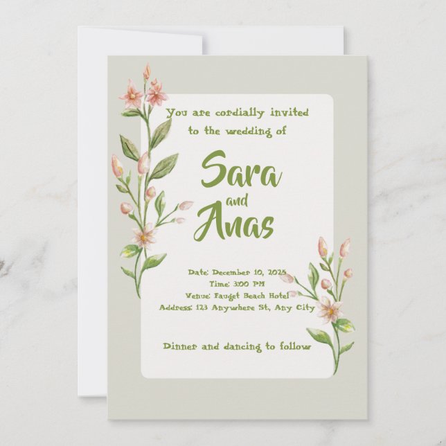 Invitación de boda floral rosa acuarela (Anverso)