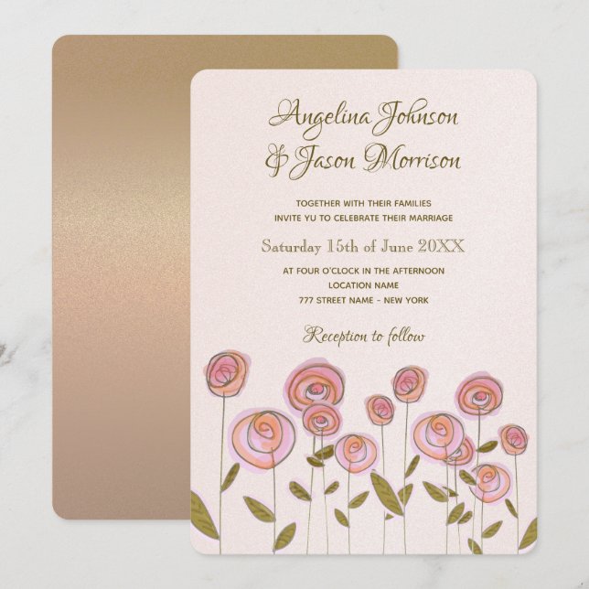 Invitación de boda floral rosa artística rosa (Anverso / Reverso)