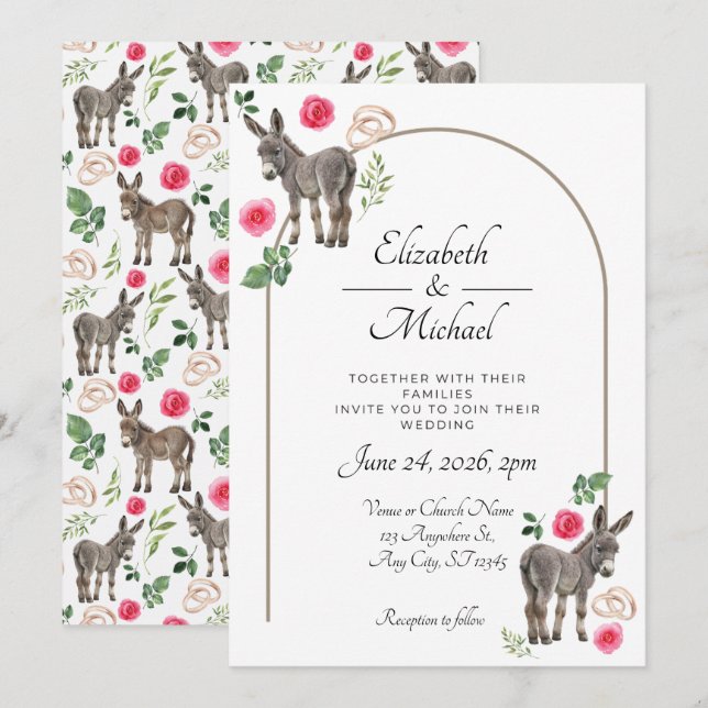 Invitación de Boda Floral Rosa Burro Rústico (Anverso / Reverso)