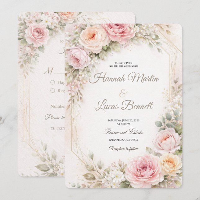 Invitación de Boda Floral Rosa Claro Romántico (Anverso / Reverso)