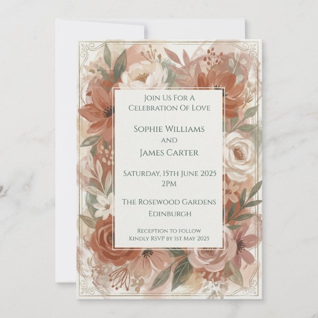 Invitación de boda floral Rosa Cobre (Anverso)