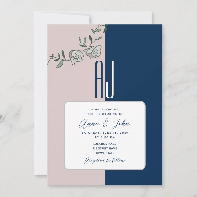 Invitación de boda floral rosa con azul marino (Anverso)