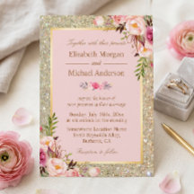 Invitación de boda floral rosa con brillo dorado
