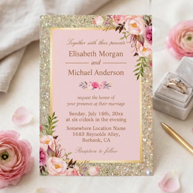 Invitación de boda floral rosa con brillo dorado (Subido por el creador)