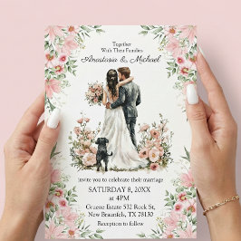 invitación de boda floral rosa con letra moderna