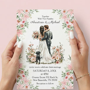 invitación de boda floral rosa con letra moderna