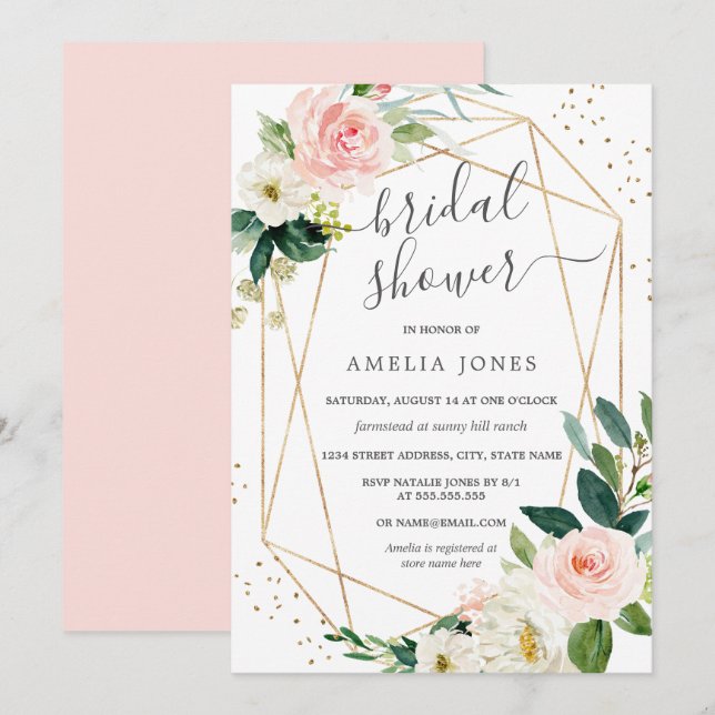 Invitación de boda floral rosa con rubor dorado (Anverso / Reverso)