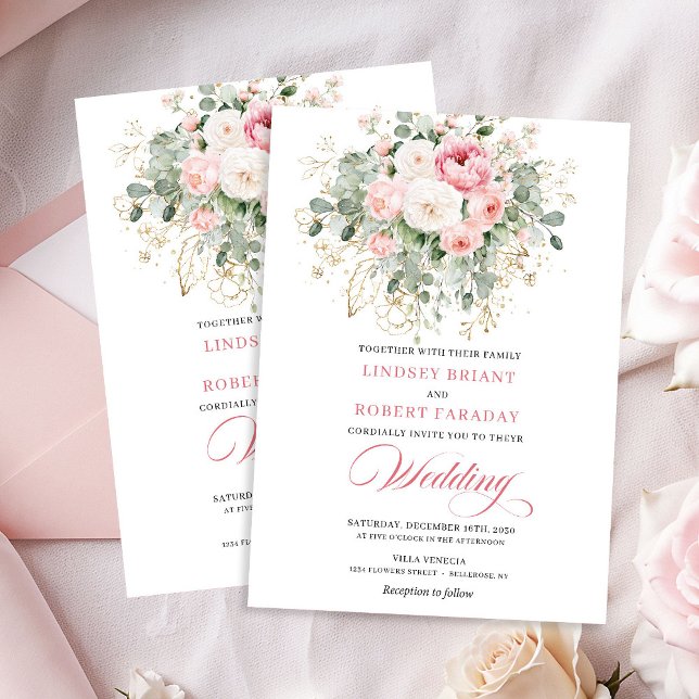 Invitación de boda floral rosa con rubor soñador (Dreamy Blush Rose Floral Wedding Invitation)