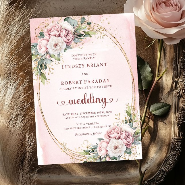 Invitación de Boda Floral Rosa Dorado en Flor (Blooming Rose Gold Blush Floral Eucalyptus Wedding Invite

)
