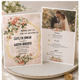 Invitación de boda floral rosa dorado geométrico