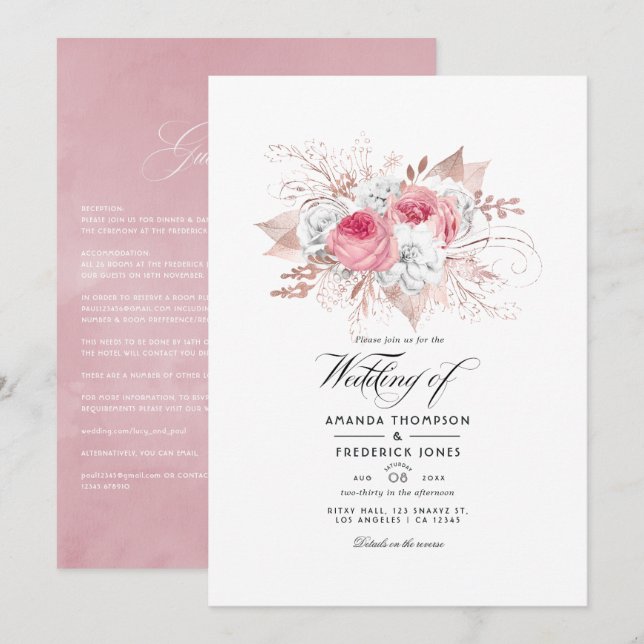 Invitación de boda floral rosa dorado y rubor (Anverso / Reverso)
