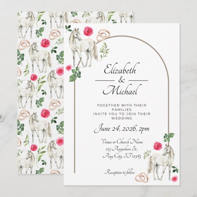 Invitación de Boda Floral Rosa Ecuestre Rústica (Anverso / Reverso)