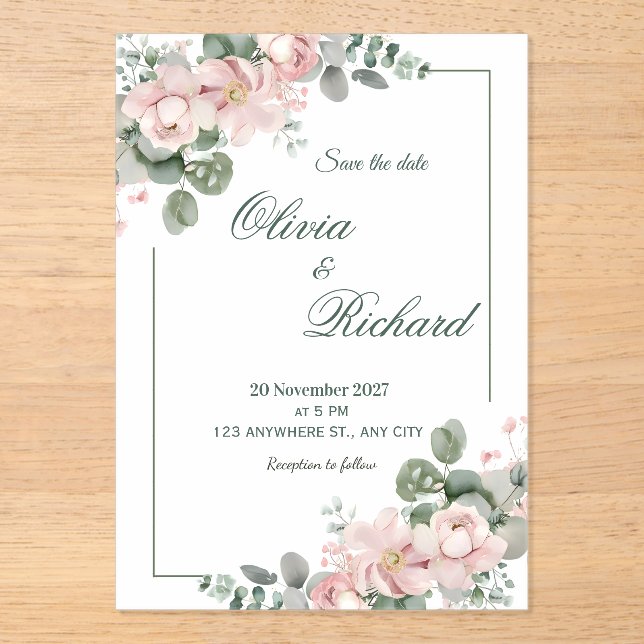 Invitación de Boda Floral Rosa Elegante (Anverso)