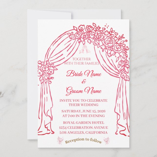 Invitación de boda floral rosa elegante (Anverso)