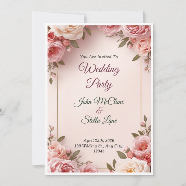 Invitación de Boda Floral Rosa Elegante (Anverso)