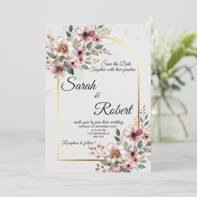 Invitación de boda floral rosa elegante con rubor (Anverso de pie)