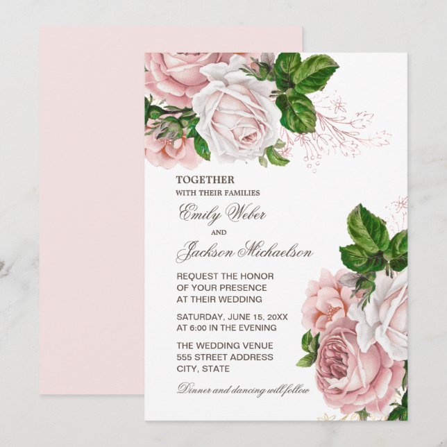 Invitación de boda floral rosa elegante con toque  (Anverso / Reverso)