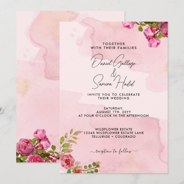 Invitación de Boda Floral Rosa Elegante con Toque  (Anverso / Reverso)