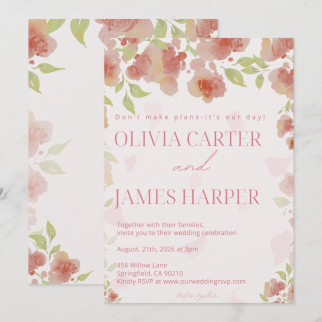 Invitación de boda floral rosa – Elegante rústica (Anverso / Reverso)