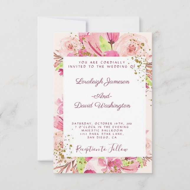 Invitación de boda floral rosa fantástica (Anverso)