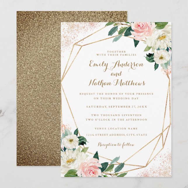 Invitación de Boda Floral Rosa Geométrica Dorada (Anverso / Reverso)