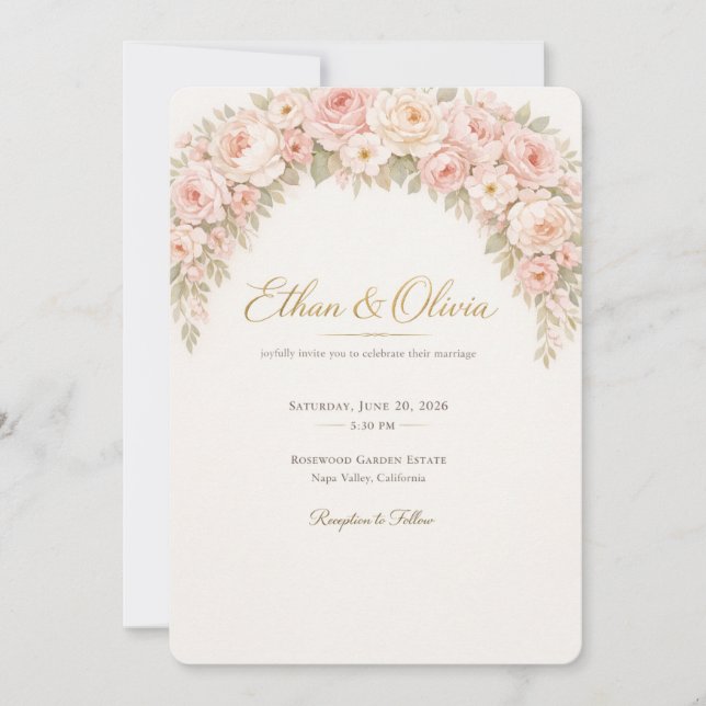 Invitación de boda floral rosa lujosa (Anverso)