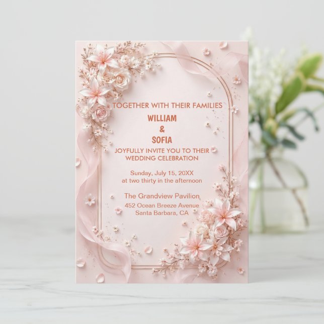 Invitación de boda floral rosa moderna y trendy (Anverso de pie)