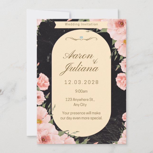 invitación de boda floral rosa negra (Anverso)