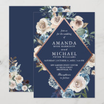 Invitación de boda floral rosa oro azul marino