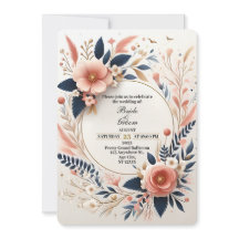 Invitación de Boda Floral Rosa Pastel y Azul Marin