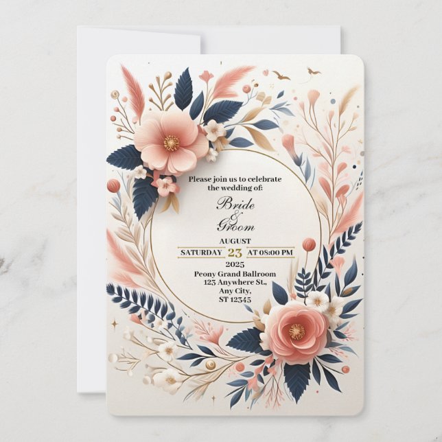 Invitación de Boda Floral Rosa Pastel y Azul Marin (Anverso)