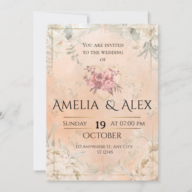 Invitación de boda floral rosa | Personalizable el (Anverso)