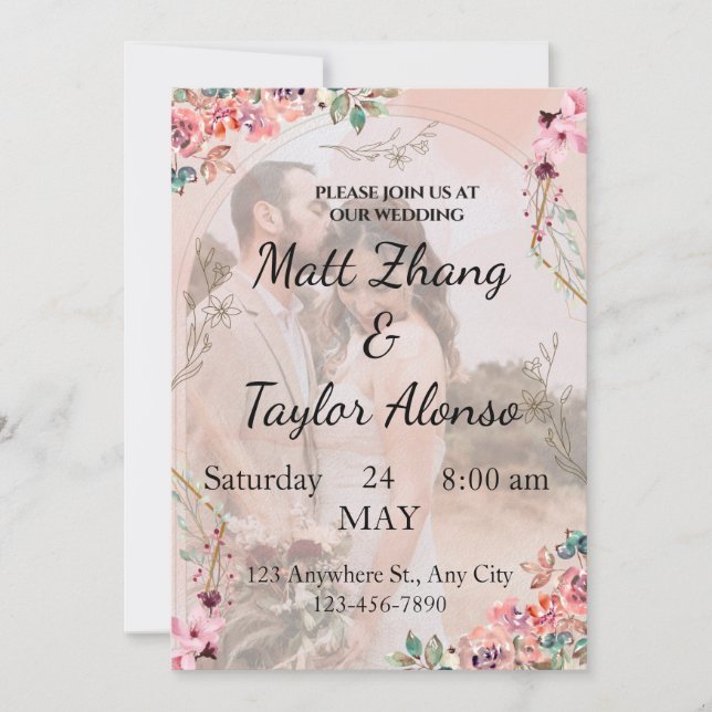 Invitación de Boda Floral Rosa, Personalizada (Anverso)