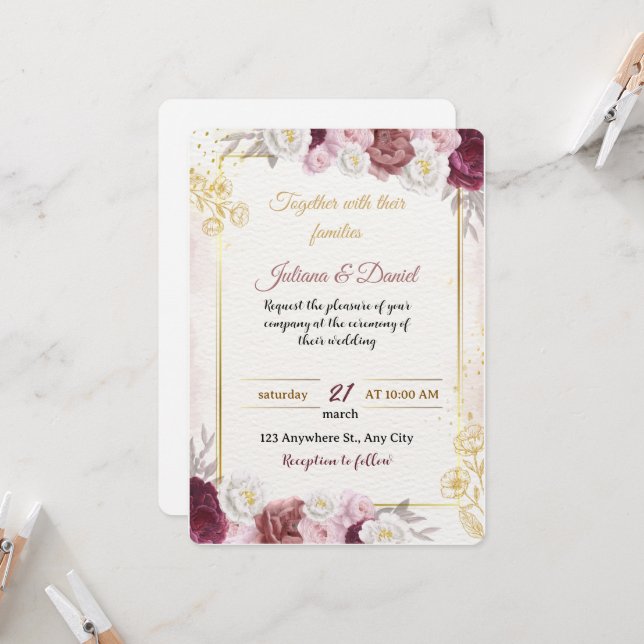 Invitación de boda floral rosa polvorienta románti (Anverso/Reverso In Situ)