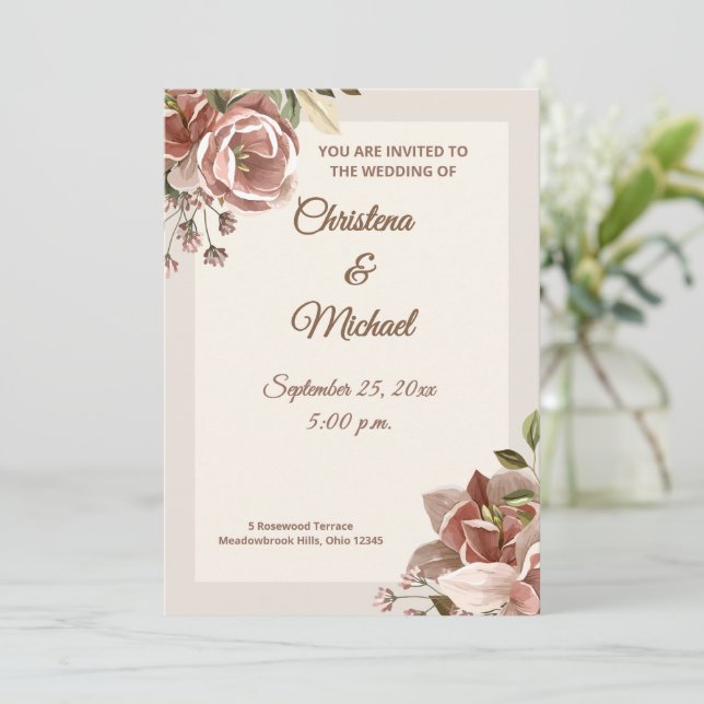 Invitación de Boda Floral Rosa Polvorienta Suave (Anverso de pie)
