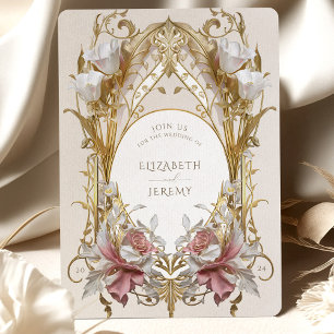 Invitación de boda floral rosa polvoriento y dorad