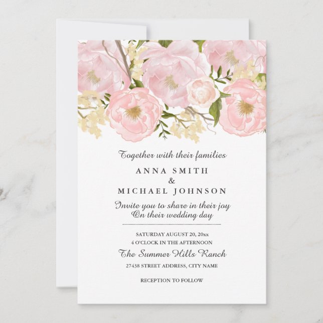 Invitación de boda floral rosa Pretty Blush (Anverso)