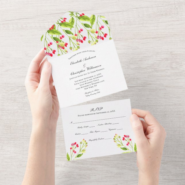 Invitación de boda floral rosa rojo todo en uno (desgarro)