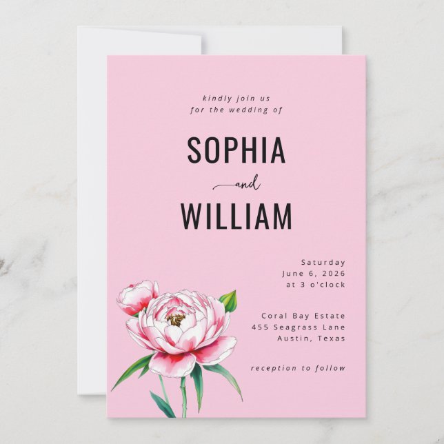 Invitación de boda floral rosa romántica (Anverso)