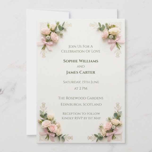 Invitación de boda floral rosa rubor (Anverso)