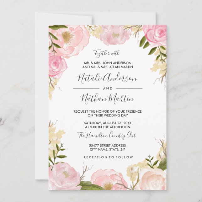 Invitación de boda floral rosa rubor (Anverso)