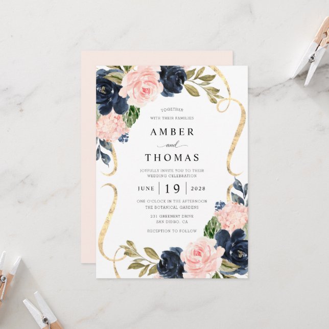 Invitación de boda floral rosa rústico elegante na (Anverso/Reverso In Situ)